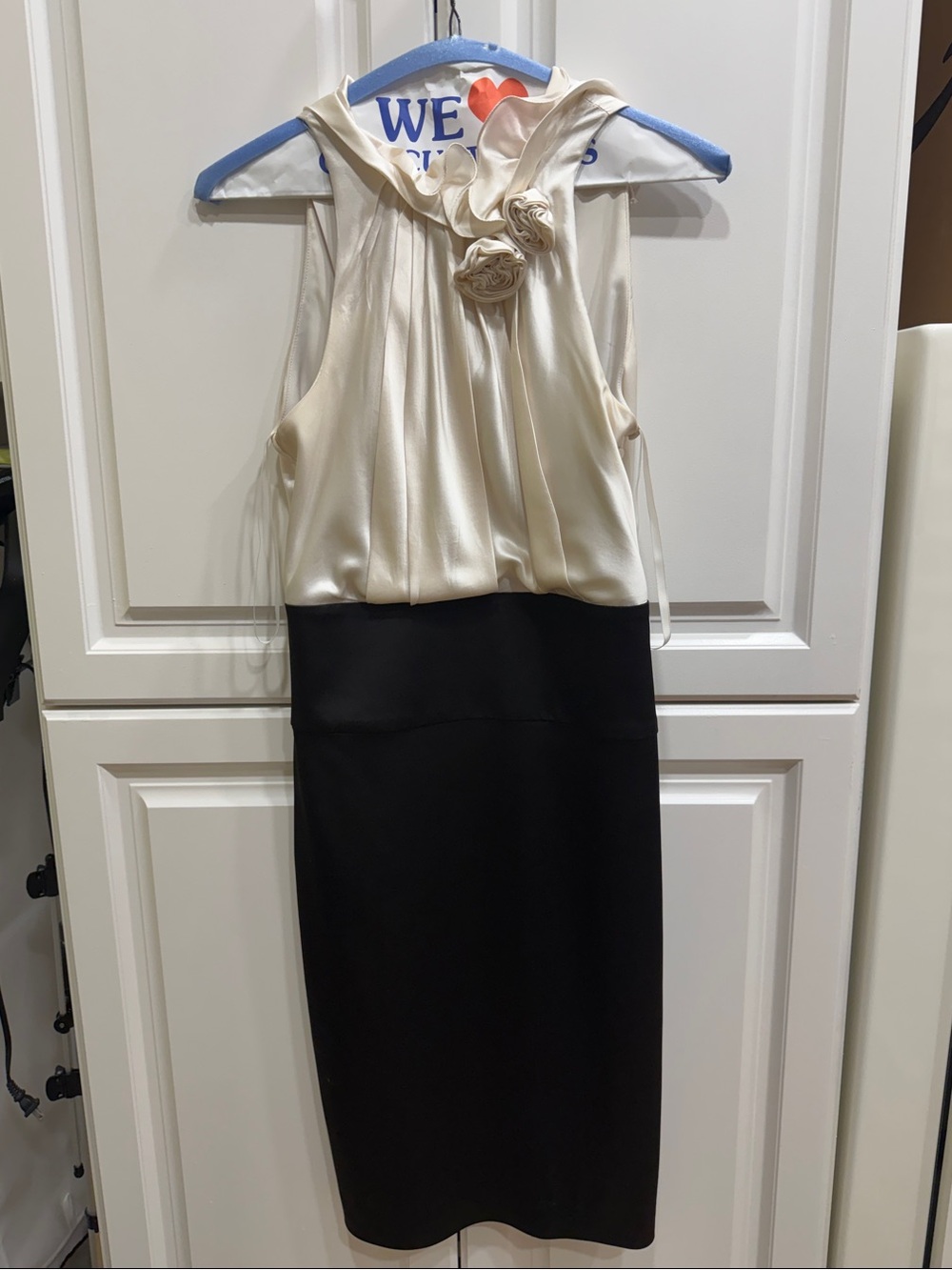 BCBGMaxAzria Ivory and Black Sleeveless Sheath Dress with Rosette Detail